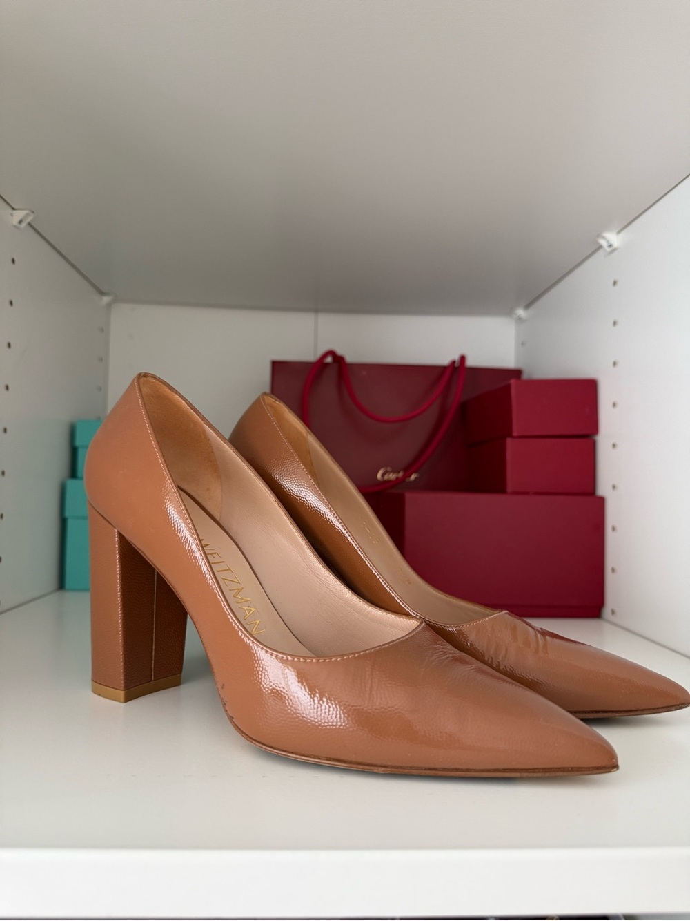 Stuart Weitzman Tan Patent Leather Block-Heel Pumps
